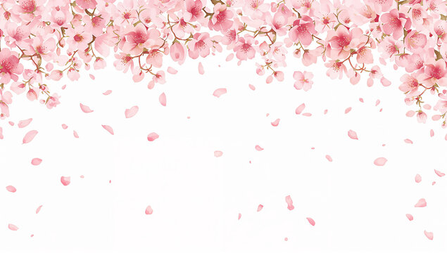 白い背景の上部に梅の花が広がり花びらが舞う季節の背景素材