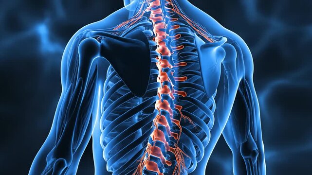 3D illustration of human spinal column with glowing nervous system
