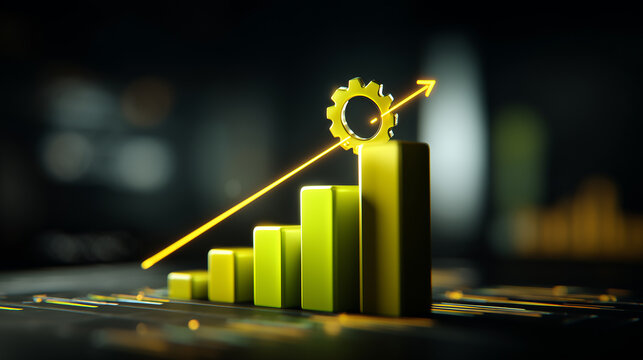 A gear above rising bars with an upward arrow representing productivity growth, business optimization, and operational success.
