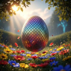 Obraz premium A mystical dragon egg with iridescent scales floats gracefully above a bed of vibrant wildflowers in a magical, sunlit fantasy landscape, forest, aura, wallpaper