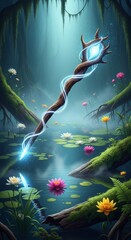 Naklejka premium An ancient wooden staff glows with ethereal light as it floats above a misty swamp filled with blooming lilies and lush green vegetation, swamp, ancient, blossoms