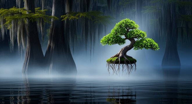 A miniature bonsai tree with gnarled roots and green leaves hovers magically above dark, murky swamp water surrounded by mist and cypress, leaves, landscape, tree