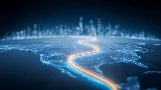A digital map with a bright route leading toward a city skyline illustrating national connectivity, logistics, and future infrastructure planning.
