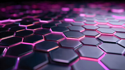 Fototapeta premium Futuristic dark hexagonal grid with glowing pink neon edges creating a sci-fi digital pattern and a sense of depth and modern technology innovation