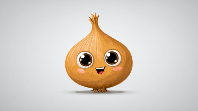 Cute happy cartoon onion with big shiny eyes and smiling expression isolated on white background for fun food illustration or mascot design