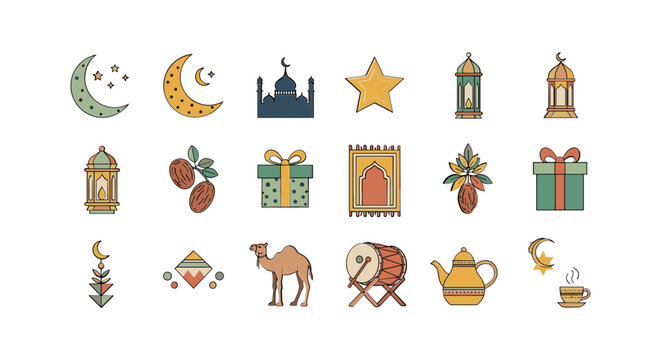 Set of hand drawn Ramadan and Eid celebration icons.