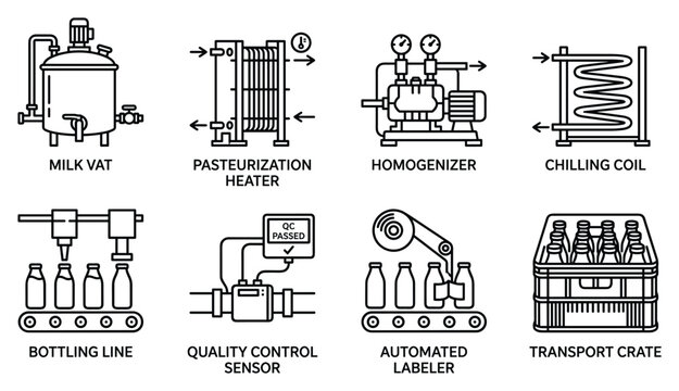 Milk vat pasteurization heater homogenizer chilling coil bottling line quality control sensor.