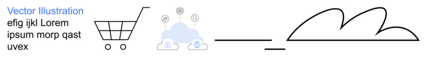 E-commerce, cloud technology, connectivity, shopping habits, digital transactions, abstract art. Shopping cart beside cloud-thumbs up tech nodes and line art landscape. E-commerce and cloud © robu_s