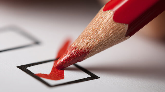 Pencil marking a check box on a document symbolizing approval, decision making, voting, and successful verification.
