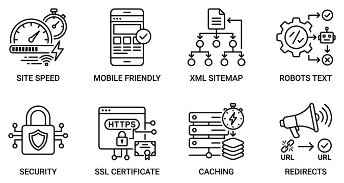 Search engine optimization and website performance metrics icons collection for digital marketing use.