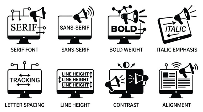 Set of typography and font style icons for digital design and layout purposes.