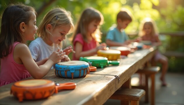 Children enjoy music lesson outdoors. Young kids play drums on wooden table. Friends learn rhythm and sound together. Diverse group has fun making noise.