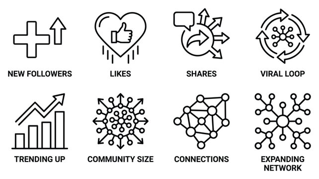 Social media growth metrics icons for user acquisition and audience expansion new followers likes shares viral loop.