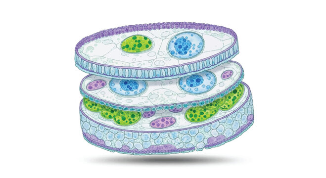 Stylized illustration of plant cell layers with nuclei and organelles cell structure cell wall education organelle cytoplasm botanical cellular
