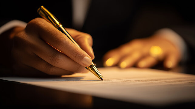 Hand signing a document with an elegant pen symbolizing contract approval, legal agreement, and professional business commitment.
