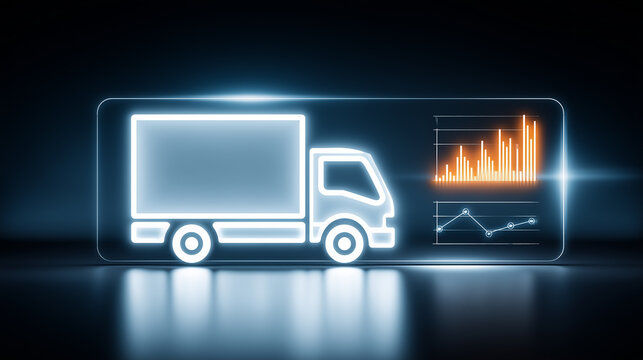 Delivery truck icon beside performance charts representing logistics analytics, shipment tracking, and transport business optimization.
