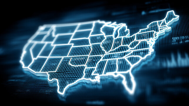 Digital map of the United States with state borders symbolizing national data networks, regional analysis, and business connectivity.
