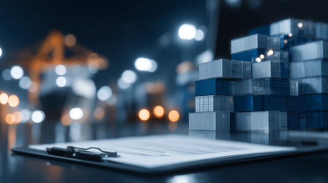 Stacked shipping containers beside a document representing global trade, freight management, and international supply chain planning.
