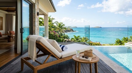 Fototapeta premium Oceanfront pool terrace with lounger and tropical plants