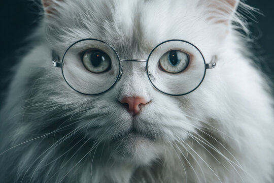 Portrait of a fluffy white cat wearing round spectacles with striking blue and green eyes against a dark moody background, capturing curiosity and intelligence
