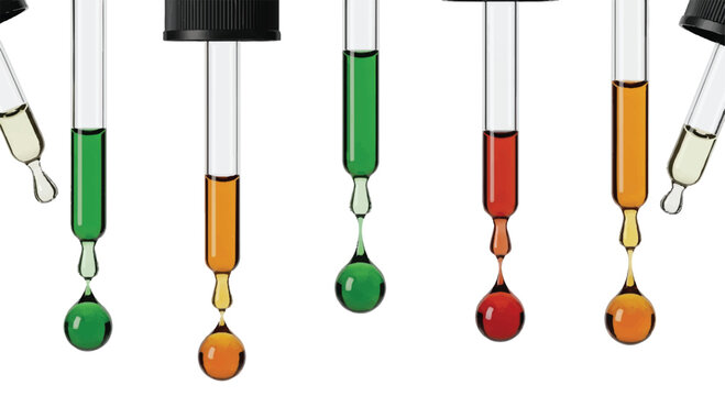 Dropper pipettes dispensing colored liquids in drops with laboratory cosmetic chemistry experiment analysis measurement equipment background
