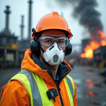 Worker in orange safety vest, hard hat, goggles, respirator stands before industrial fire, smoke. He wears protective gear, ready for hazardous environment response. Safety measures are crucial.