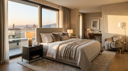 Fototapeta premium Hotel bedroom with city view and balcony at sunset