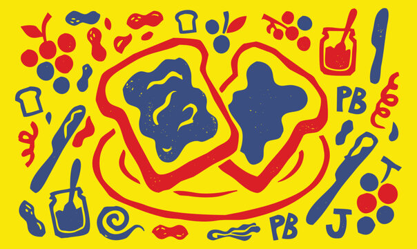 Vintage 1930s Rubber Hose Style Peanut Butter and Jelly Toast Snack Doodle Set