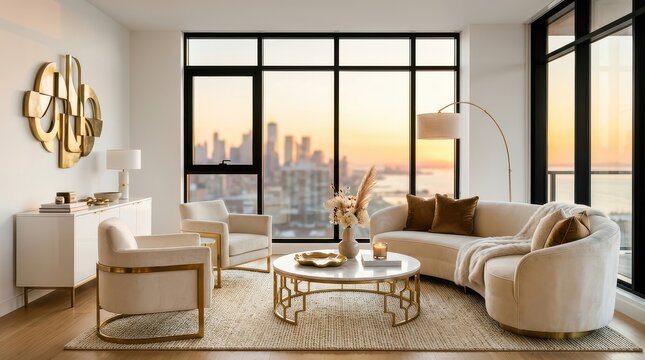 Living room with curved sofa, gold accents, and city window view