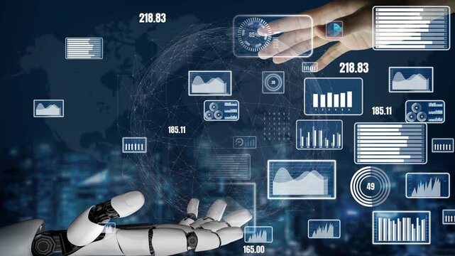 A dynamic interaction scene showing a human hand reaching out to a robotic hand, surrounded by digital data visualization elements and global mapping, depicting advanced technology. Xenic