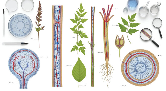 Detailed botanical study featuring plant stems leaves roots microscopic views cross section magnifying glass plant anatomy plant structure