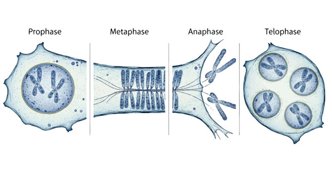 Detailed diagram illustrating the four phases of mitosis cell division in eukaryotic cells with genetic material daughter cells spindle fibers