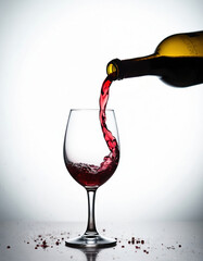 Naklejka premium Red wine streams from bottle into glass, creating splash. Liquid swirls, aerates, and bubbles inside wine glass. Wine pouring process, beverage preparation, drink serving.