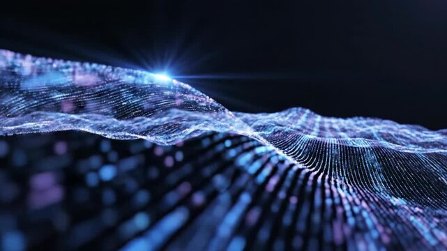 A vibrant digital wave crests over a sea of tiny blue and pink dots on a dark background