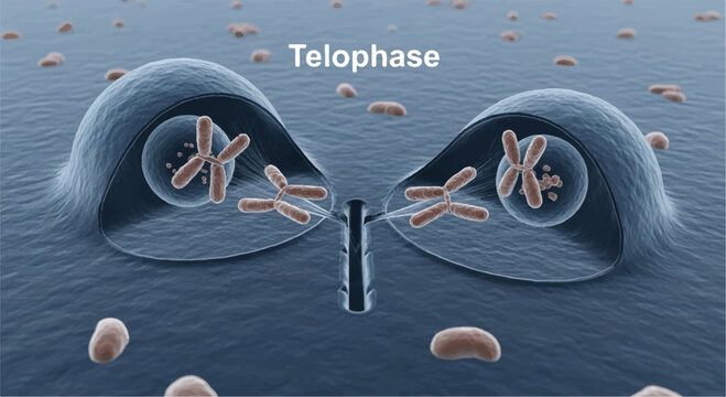 Microscopic view of cell division during telophase chromosomes separating into two new nuclei cell cycle chromosome segregation daughter cell