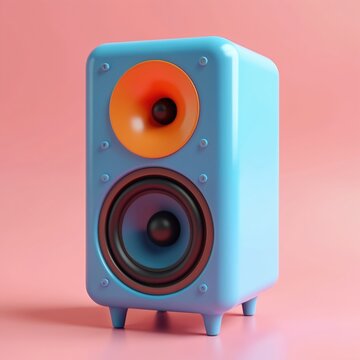 Modern blue speaker with orange tweeter and black woofer sits on pink background. This 3D illustration shows a stylized audio device with rounded edges and small feet, perfect for music tech themes.
