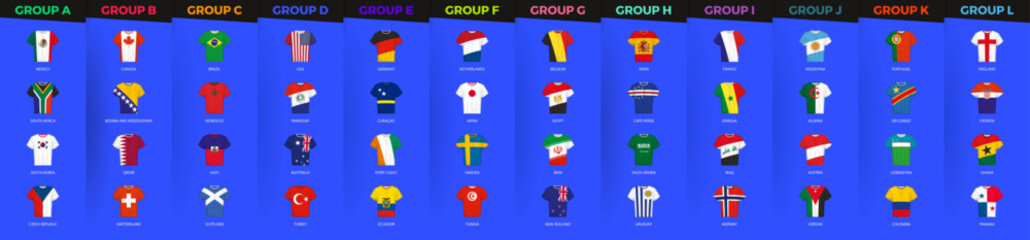 International Football Jersey Icon Set with Country Flags for World Tournament Groups. © boldg