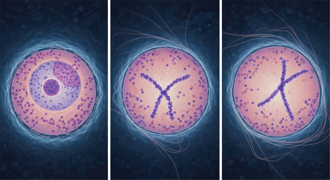 Triptych showing stages of cell division: interphase with nucleus, metaphase with aligned chromosomes, and anaphase with separating chromatids