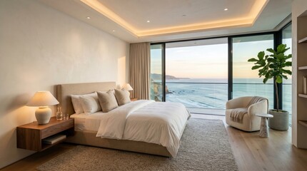 Fototapeta premium Modern ocean view bedroom with plant and balcony window