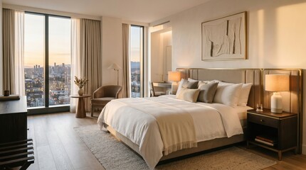 Fototapeta premium High rise bedroom with city view windows and upholstered headboard