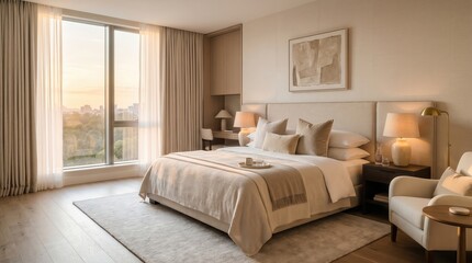 Fototapeta premium Modern bedroom with city view window and bedside lamps