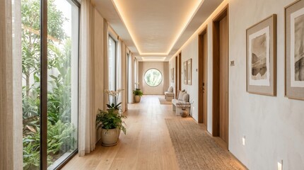 Fototapeta premium Hotel corridor with wood doors and garden windows