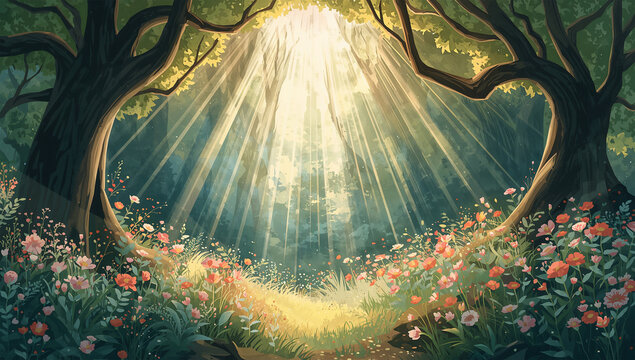 妖精の森を思わせる光と花の幻想的な背景イラスト