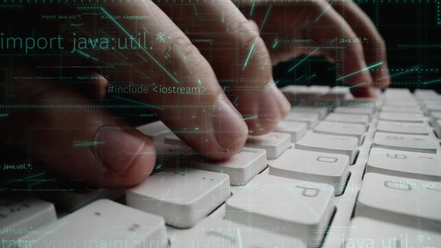 Close-up view of hands on a keyboard with lines of coding text and digital data overlay. Ideal for topics related to technology, software development, and programming skills. Xenic