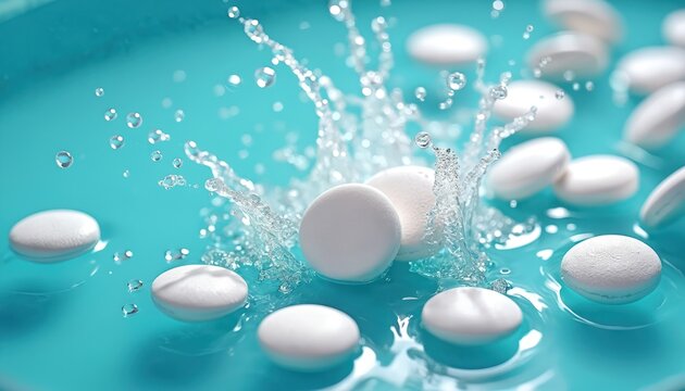 White round pills drop into clear blue water creating splashes, ripples. Dissolving effervescent tablets create bubbles, movement on liquid surface. Health, medical concept with clean bright colors.