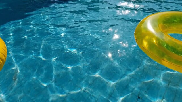 Bright yellow inflatable swim ring floating on crystal clear blue swimming pool water surface with sunlight reflection and ripple pattern during summer vacation holiday leisure season.