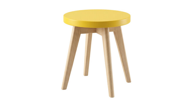 Modern Yellow Round Stool with Wooden Legs on White Background
