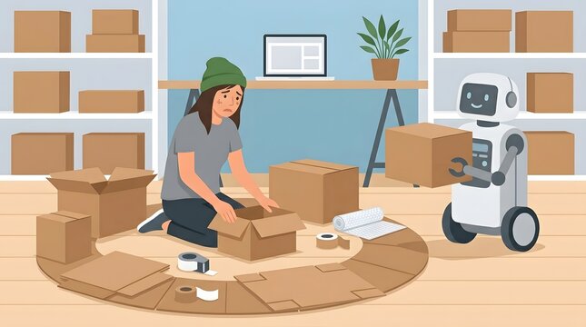 Packing and Automation: A person and a robot work together, assembling packages for delivery. Reflecting the changing landscape of commerce with efficient and innovative teamwork.