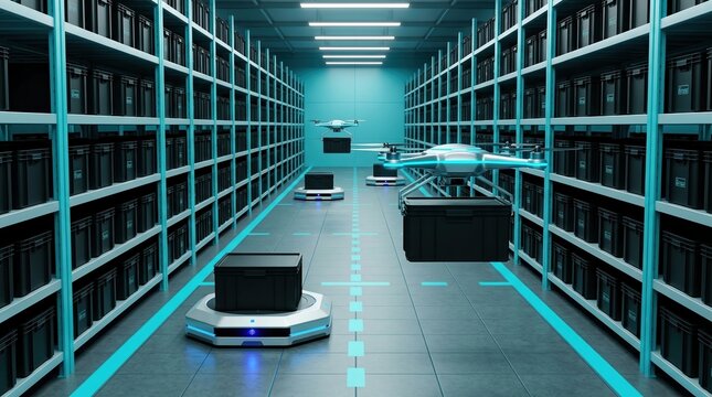 warehouse, automation, robotics, drone, logistics, technology, futuristic smart facility with autonomous robots and quadcopters handling packages for industry 4.0 distribution.