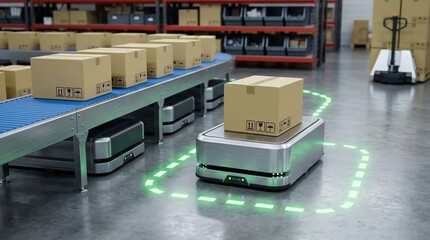 Fototapeta premium warehouse automation, autonomous mobile robot, logistics, cardboard boxes, distribution center, smart factory, industrial robotics performing automated sorting for efficient shipping.